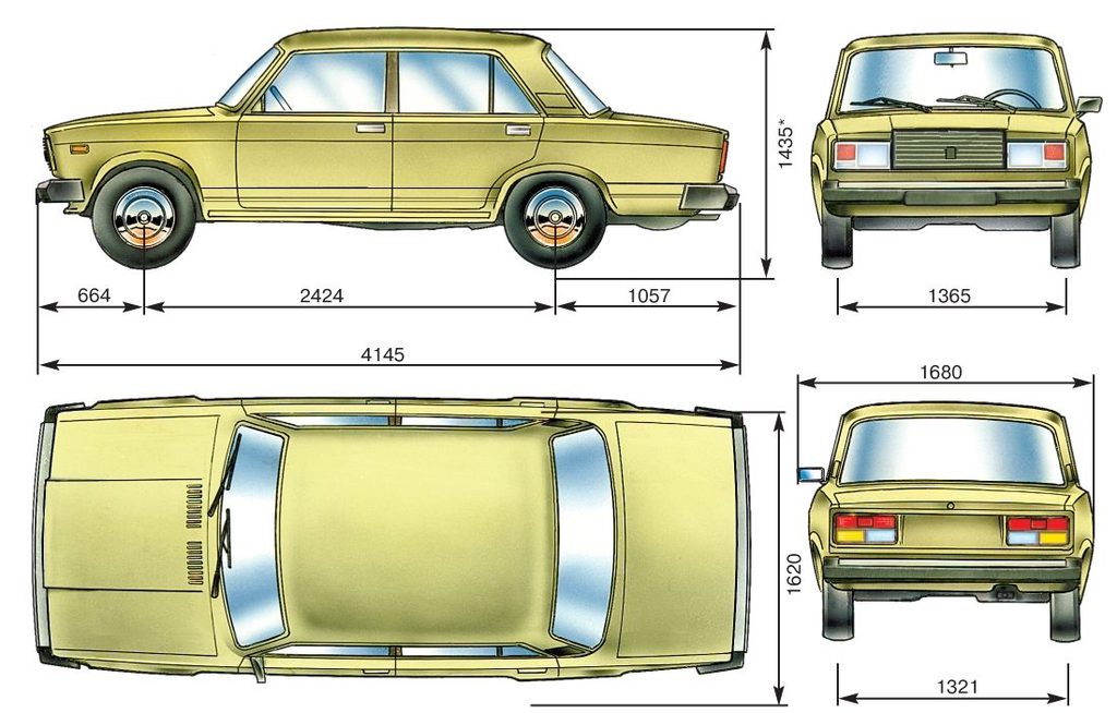Основные габаритные размеры автомобиля ВАЗ-2107 (*— высота без нагрузки)