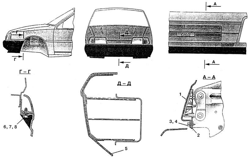 Установка облицовки радиатора и переднего буфера; 1 – облицовка радиатора; 2 – гайка пластинчатая; 3 – болт самонарезающийся; 4 – шайба; 5 – буфер передний; 6 – болт самонарезающийся; 7 – шайба; 8 – гайка пластинчатая