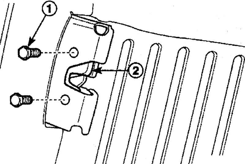 Расположение болтов (1) крепления замка (2) к каркасу заднего сиденья